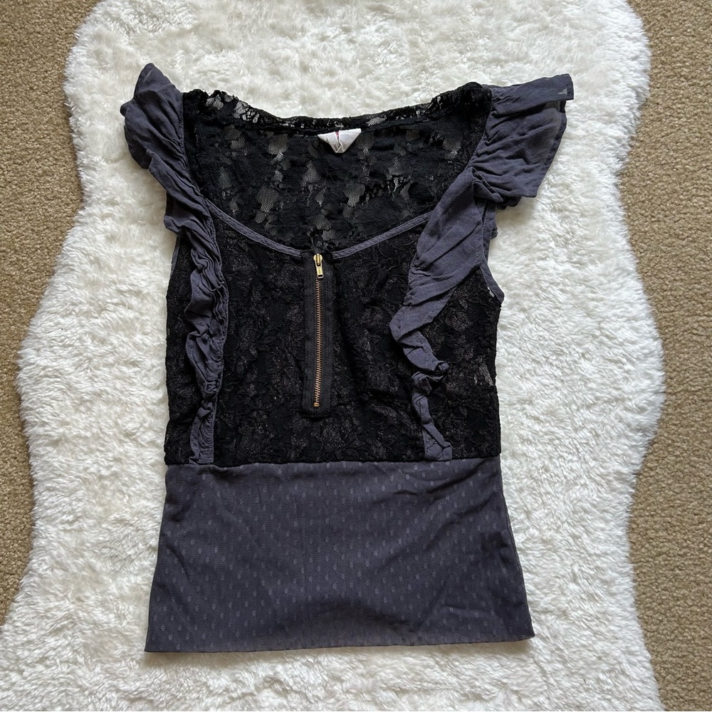 Older Free People Grey/Black Mesh and Lace Sheer Zip Front Top Fairy Goth Core